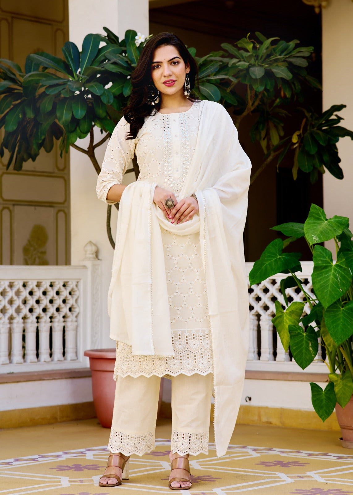 Cotton Cream Chikankari Suit Set