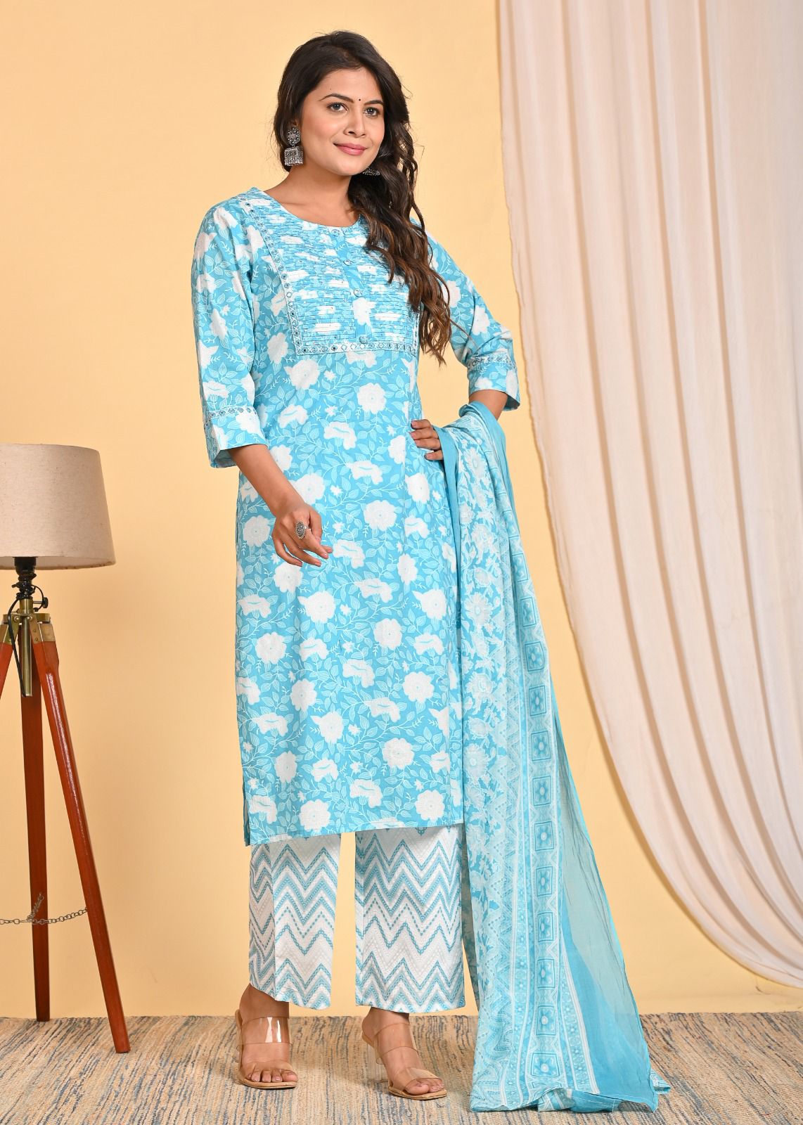 Blue Cotton Printed Straight Suit Set