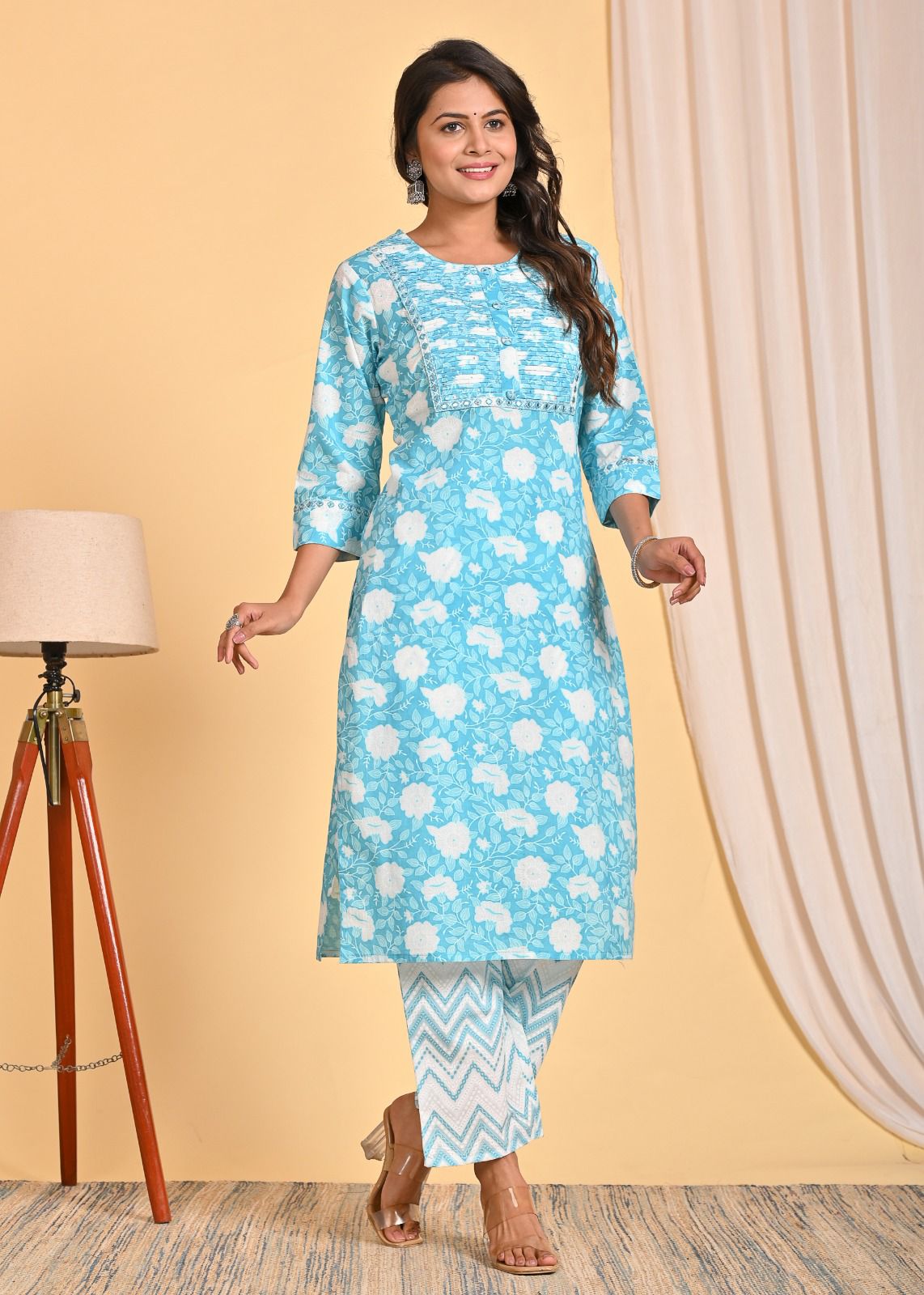 Blue Cotton Printed Straight Suit Set