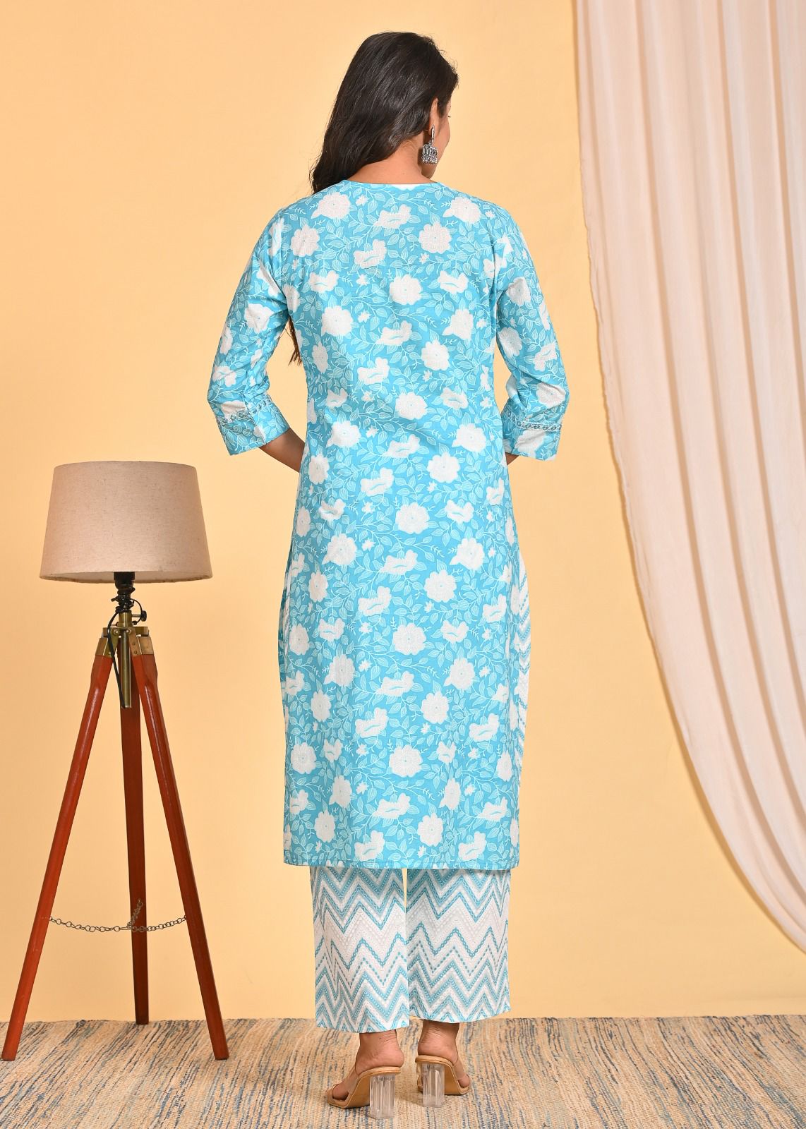 Blue Cotton Printed Straight Suit Set