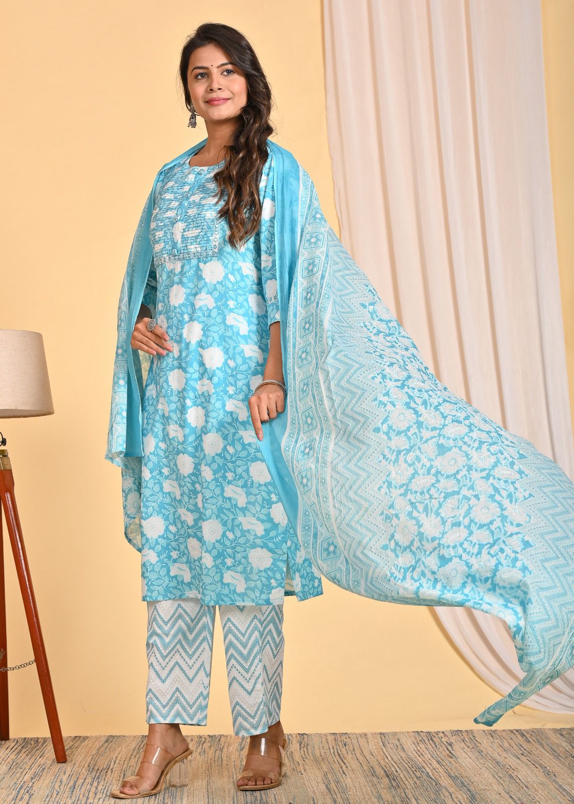 Blue Cotton Printed Straight Suit Set