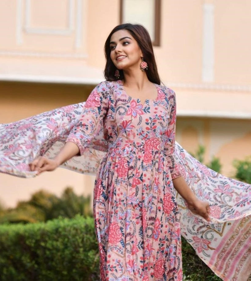 Women’s Pink Printed Viscose Rayon Kurta and Pant Set