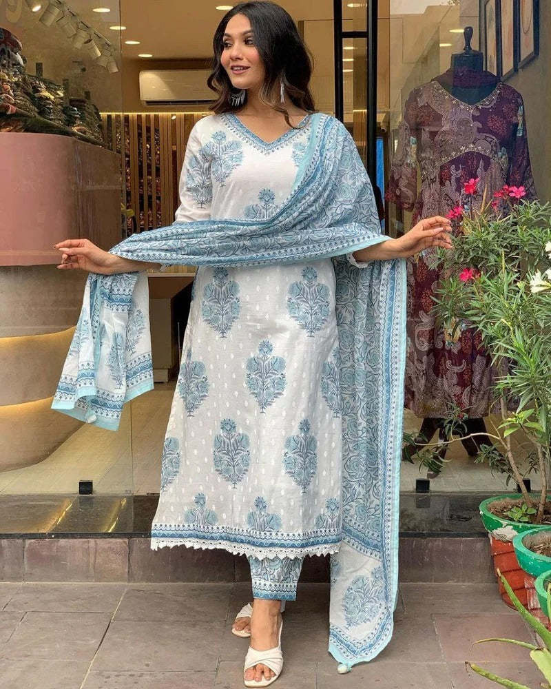 Icy Blue Bloom Viscose Rayon Suit Set