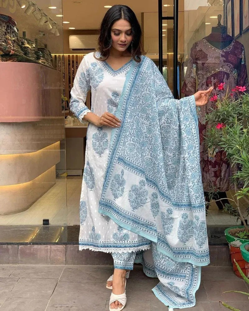 Icy Blue Bloom Viscose Rayon Suit Set