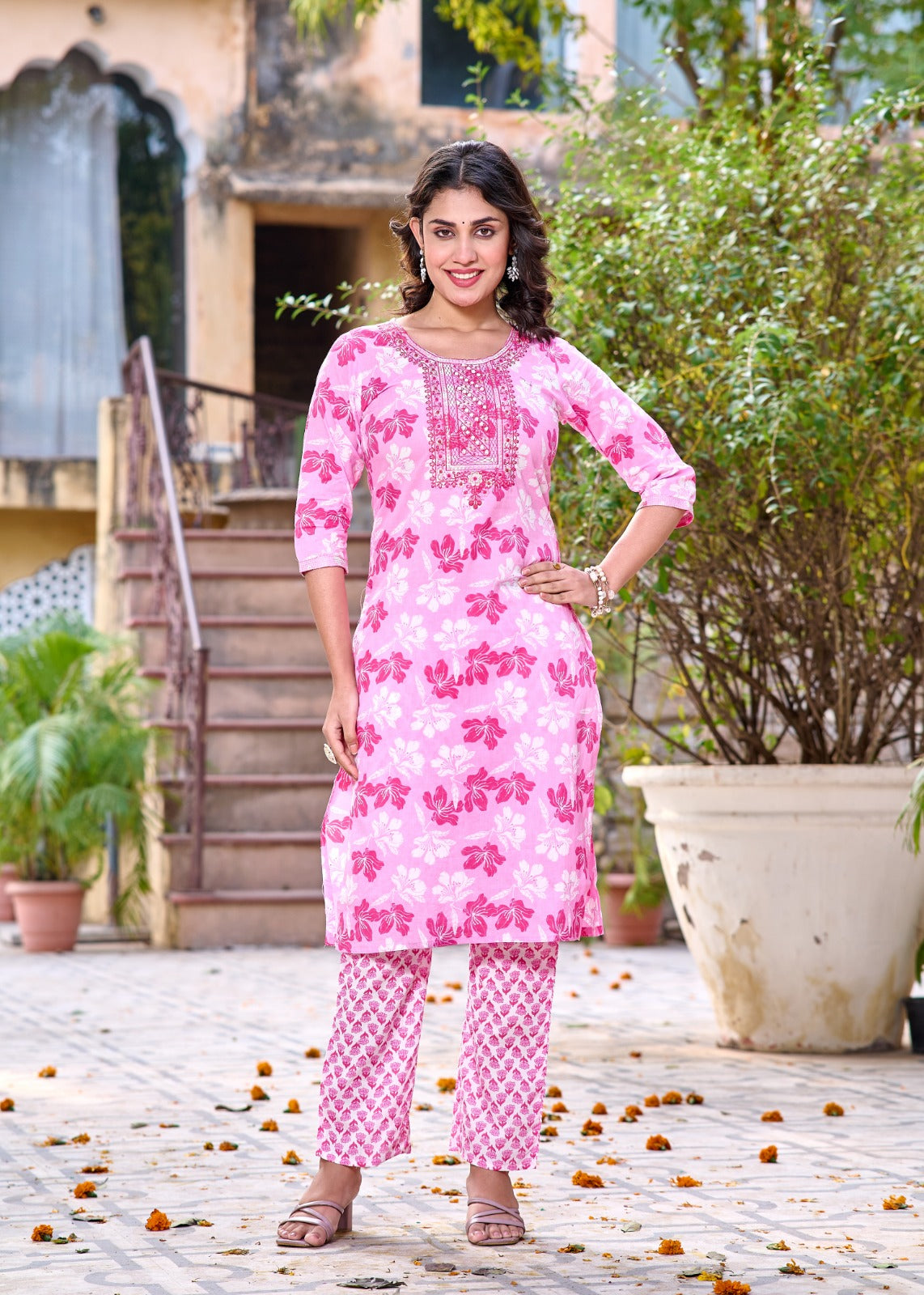 Pink Bloom Straight Suit with Mulmul Dupatta
