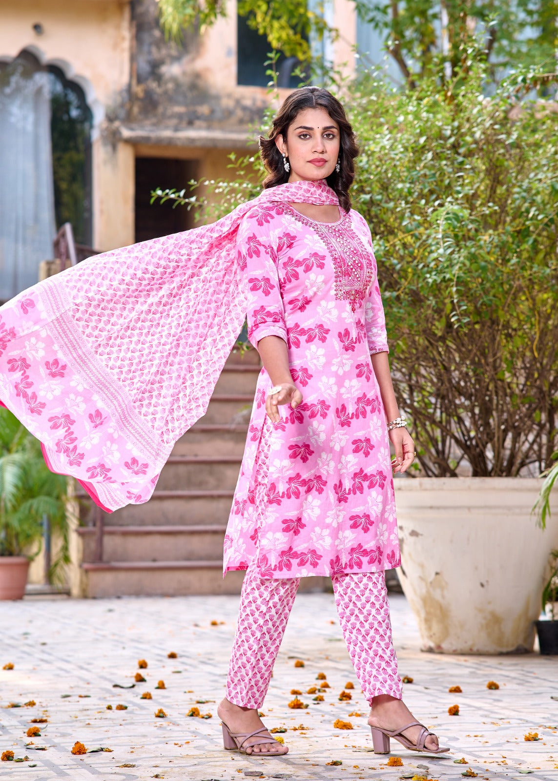 Pink Bloom Straight Suit with Mulmul Dupatta