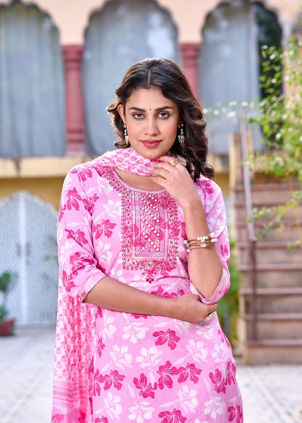 Pink Bloom Straight Suit with Mulmul Dupatta