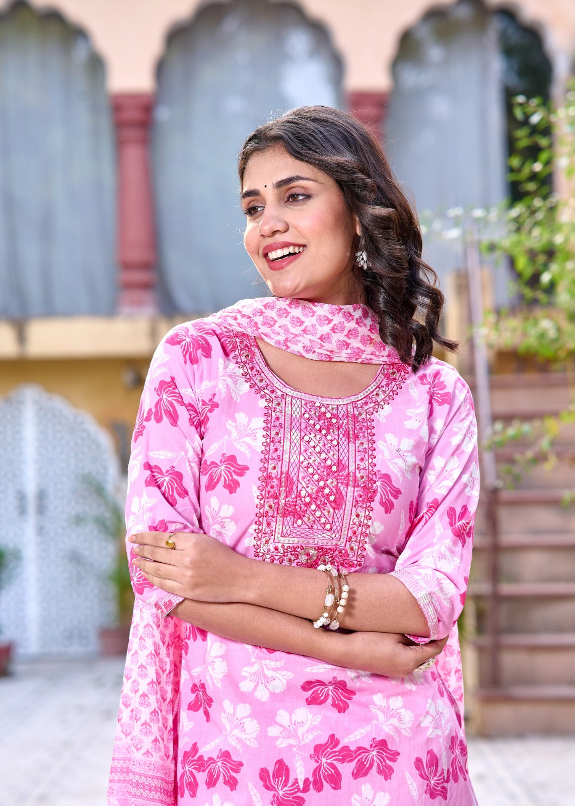 Pink Bloom Straight Suit with Mulmul Dupatta