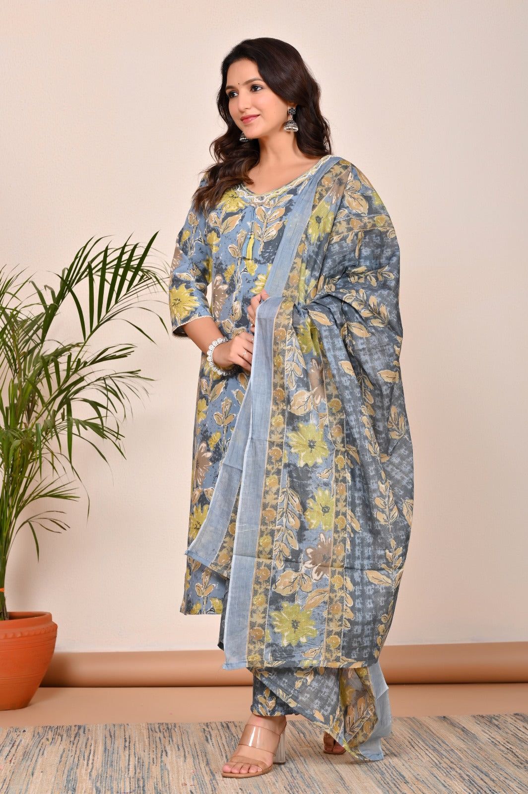 Blue Fern Cotton Set with Mulmul Grace