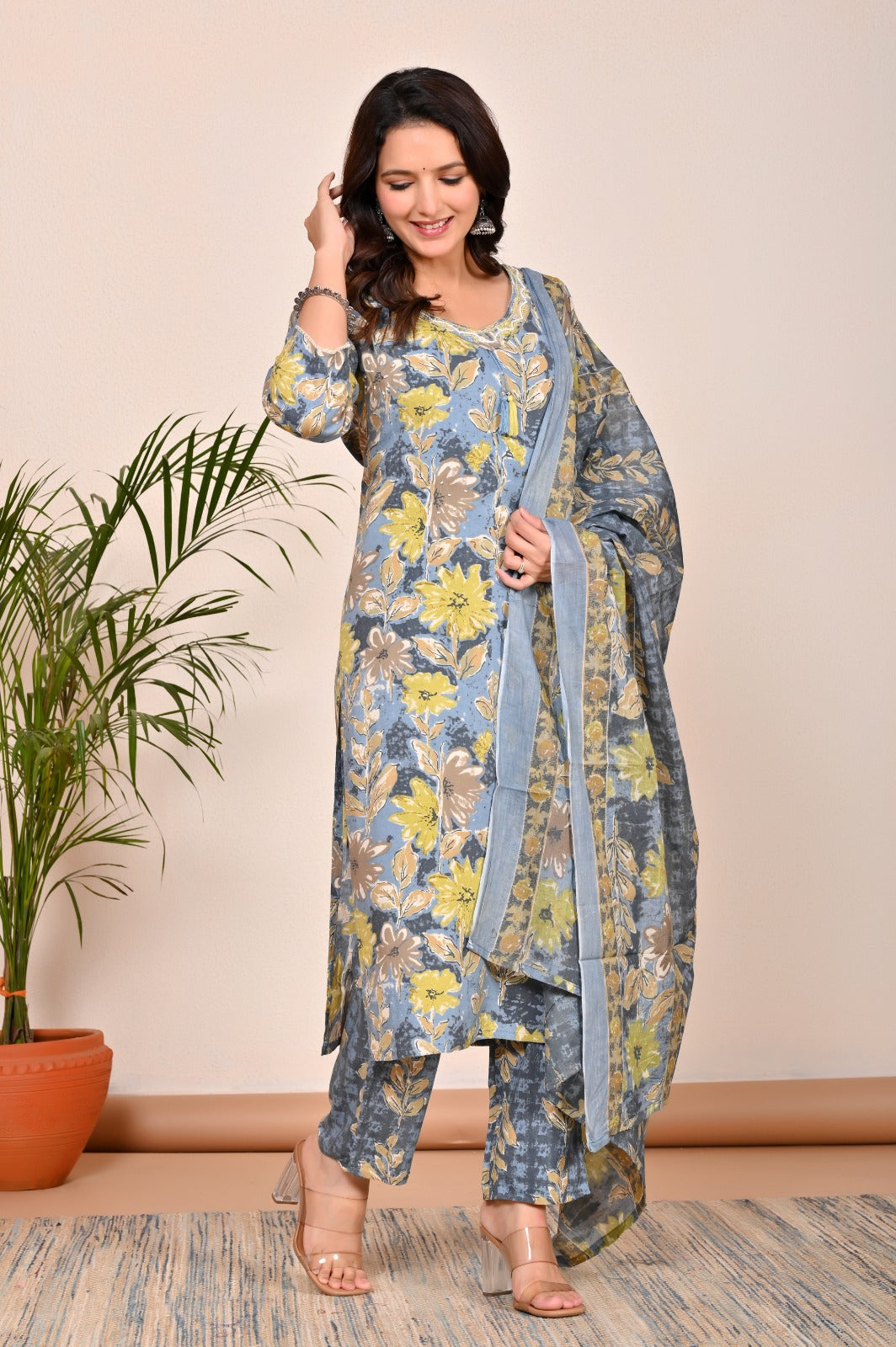 Blue Fern Cotton Set with Mulmul Grace
