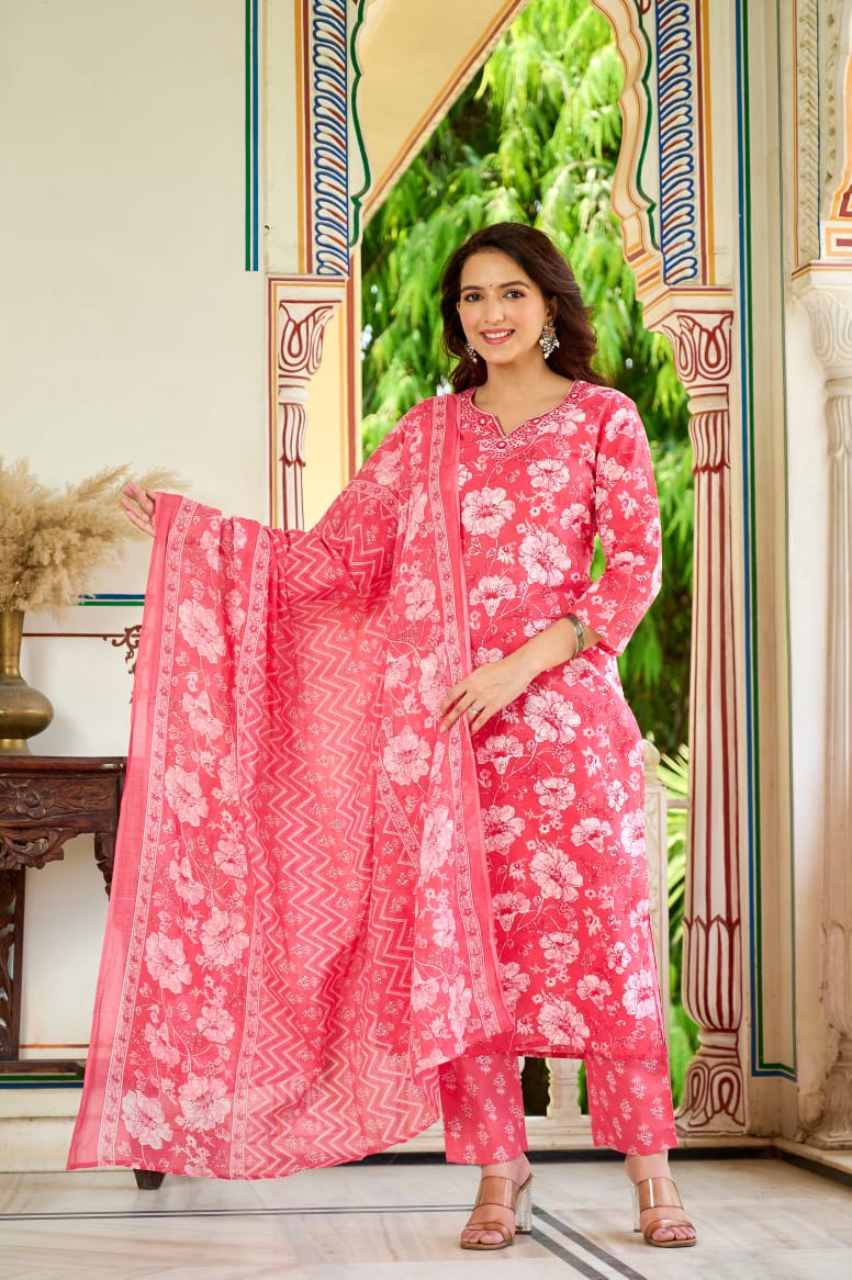 Olive Bloom Cotton Suit