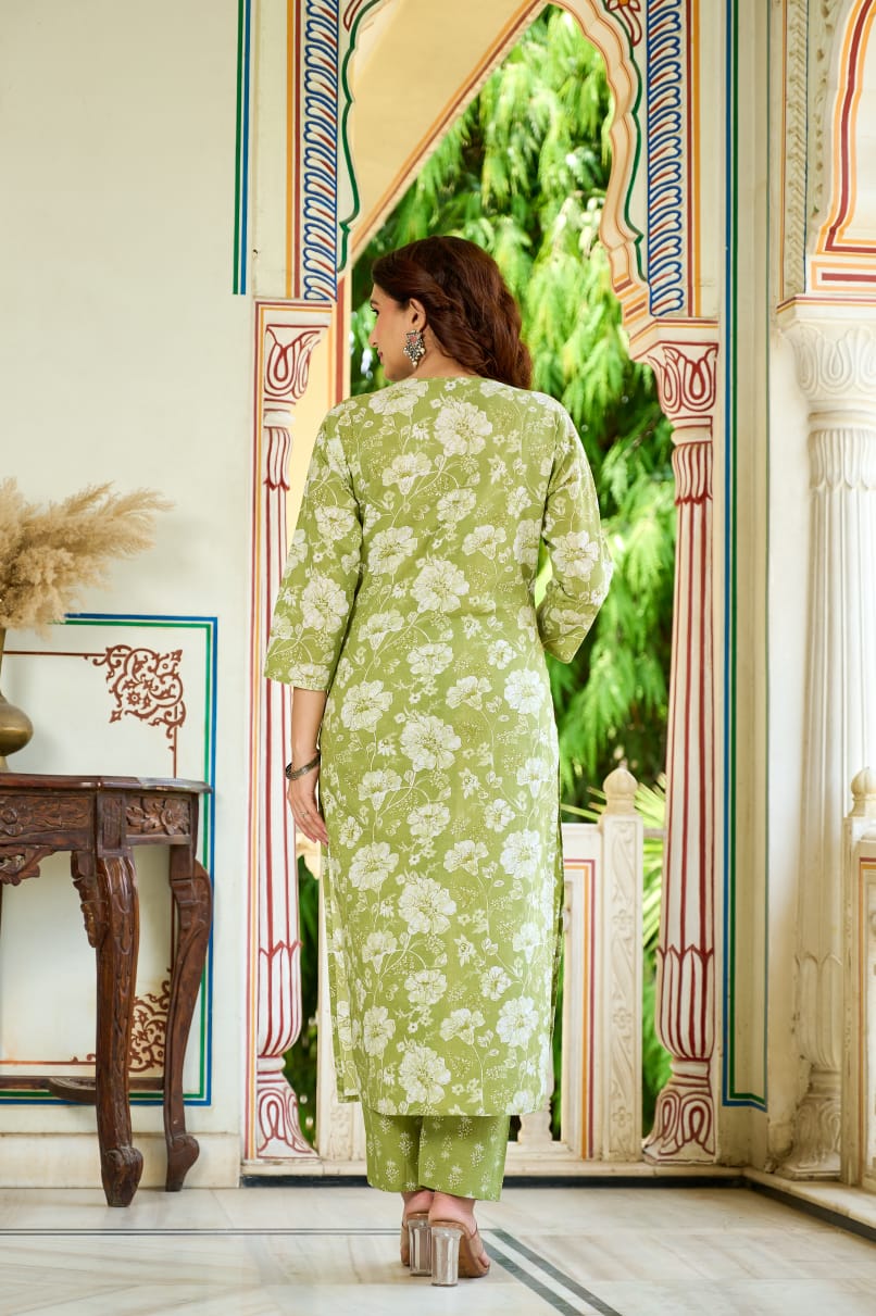 Olive Bloom Cotton Suit