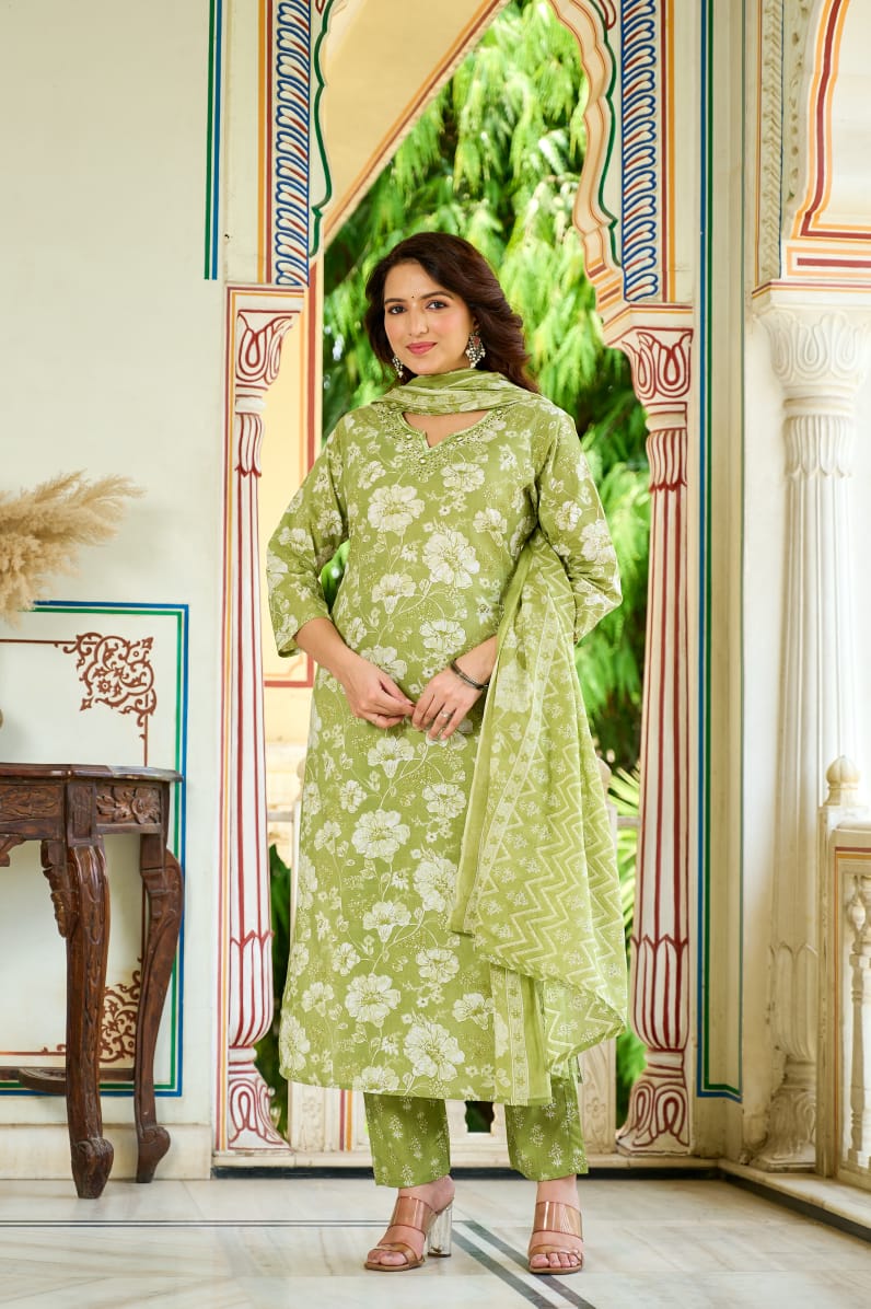 Olive Bloom Cotton Suit