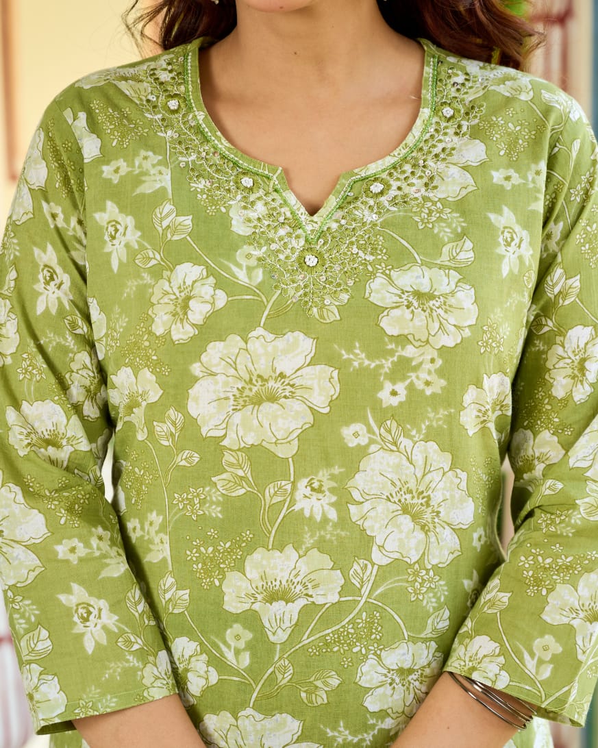 Olive Bloom Cotton Suit
