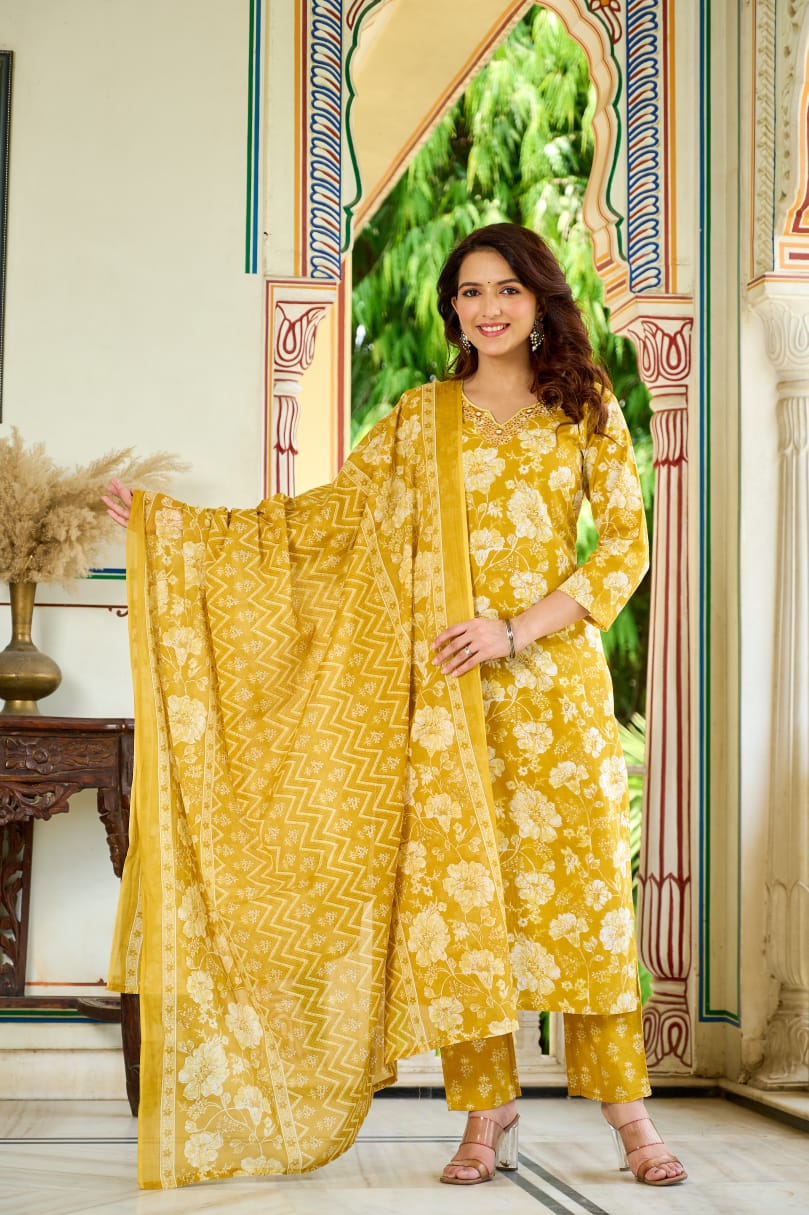 Olive Bloom Cotton Suit