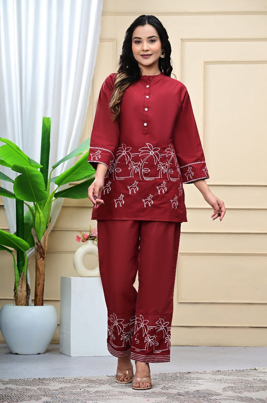 Crimson Bloom Embroidered Co-ord Set