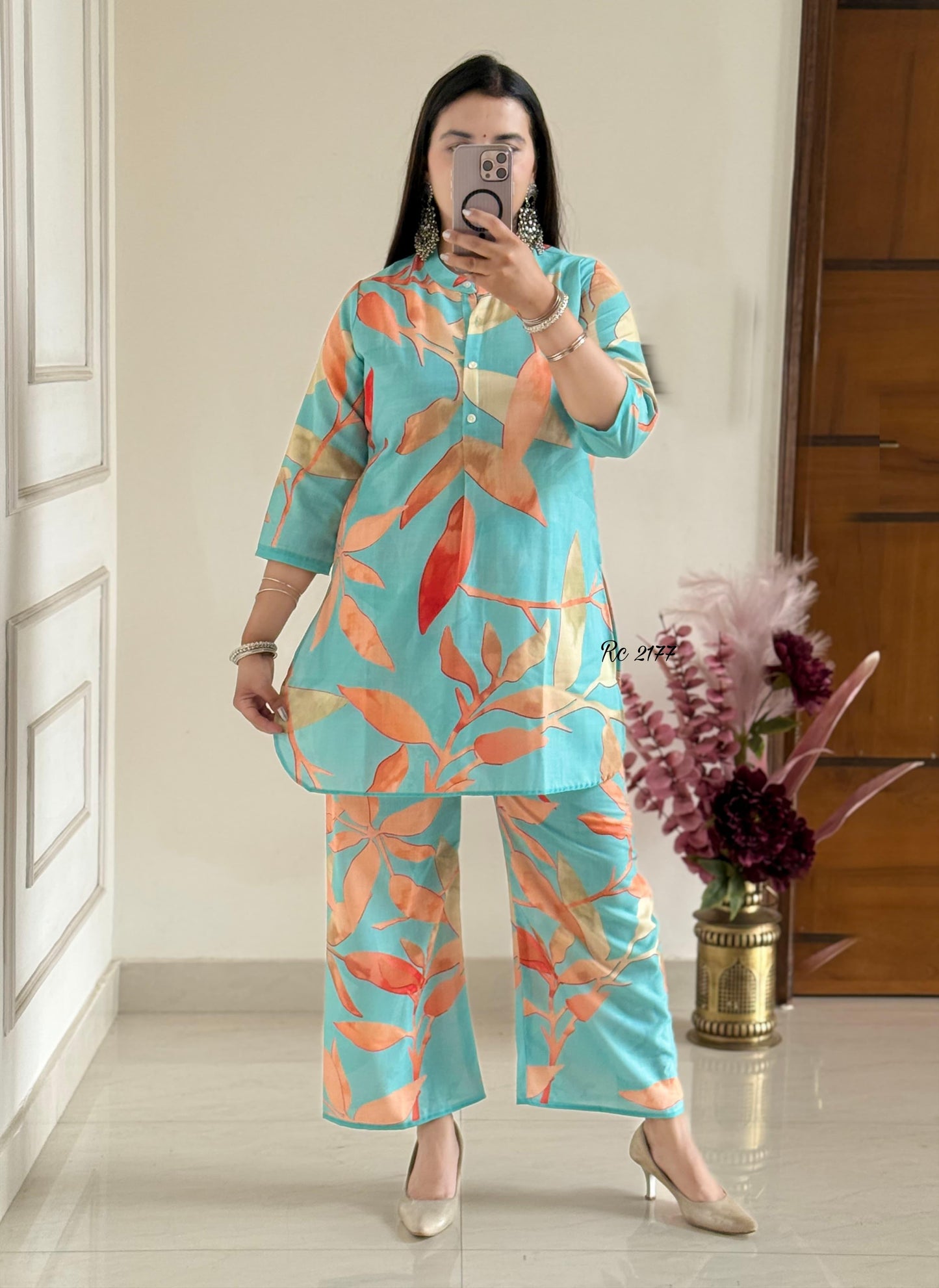 Aqua Leaf Whisper Cotton Lilan Co-ord Set