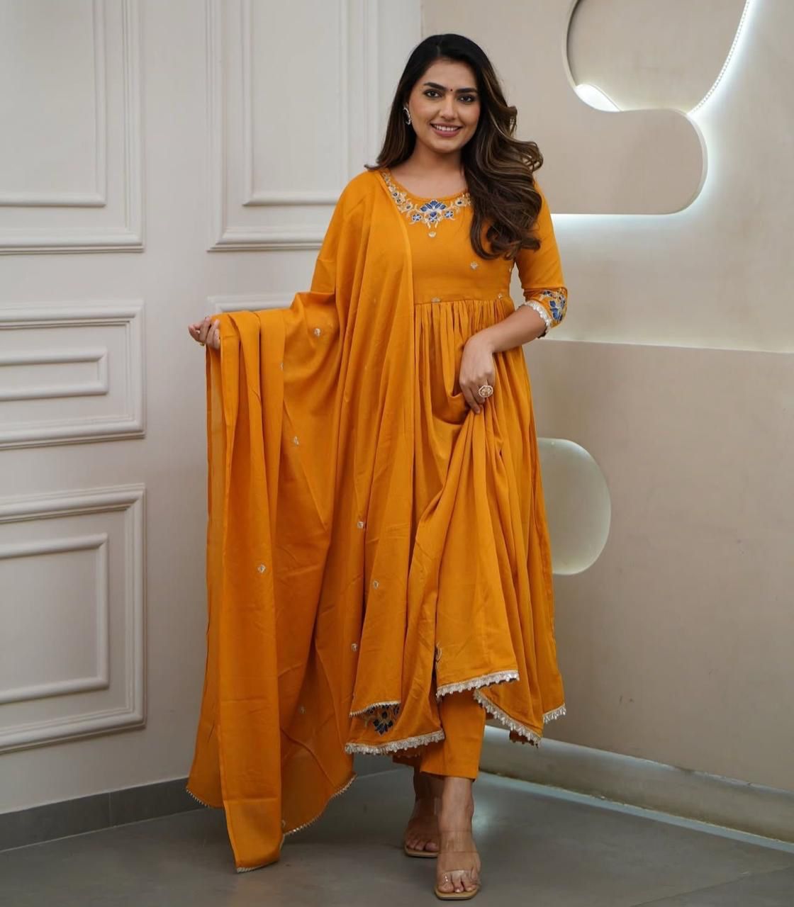 Golden Marigold Charm Cotton Anarkali Set