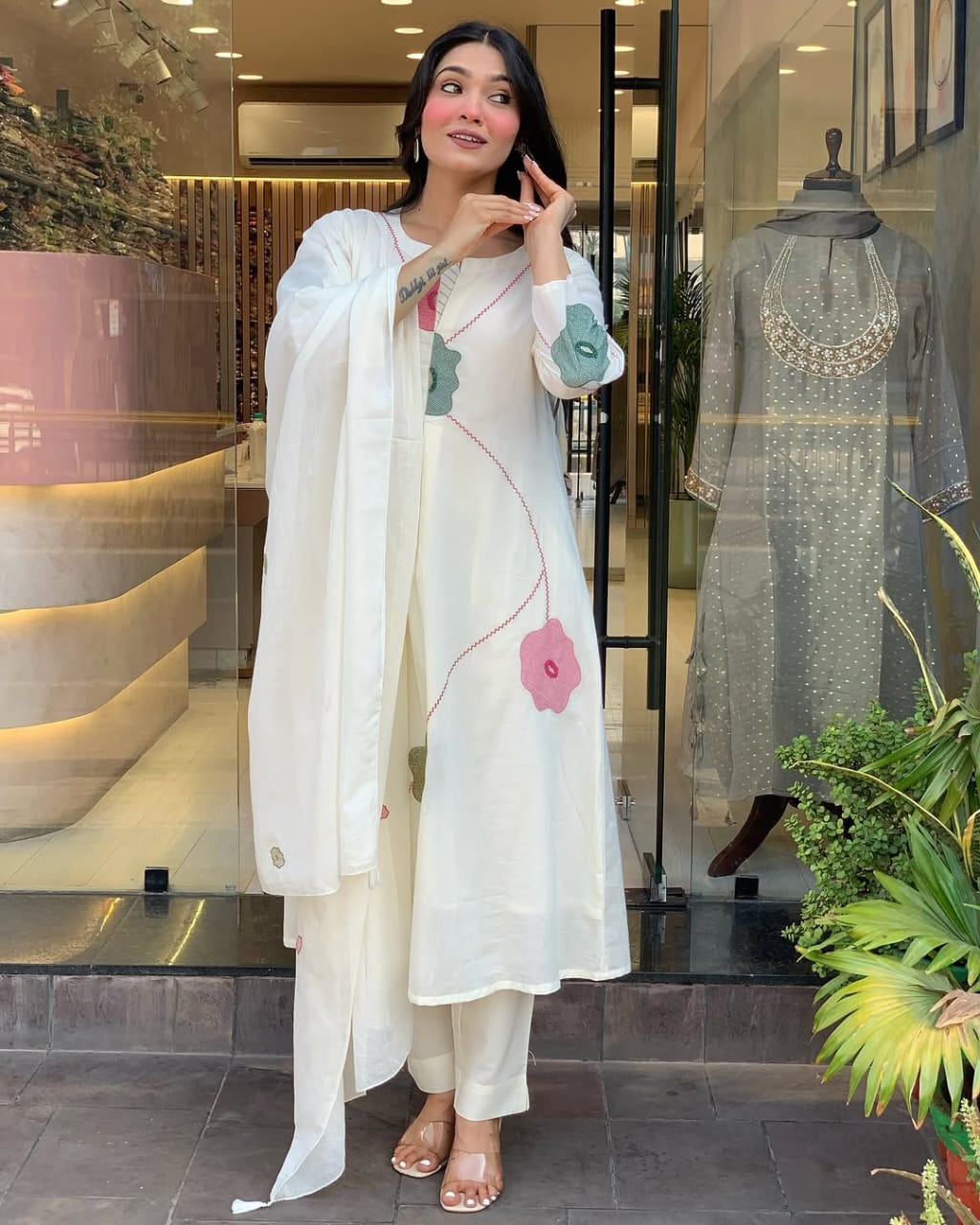 Whisper White Floral Mul Cotton Suit Set