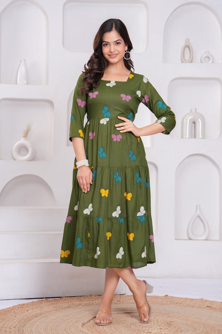 Olive Butterfly Print Rayon Anarkali Gown