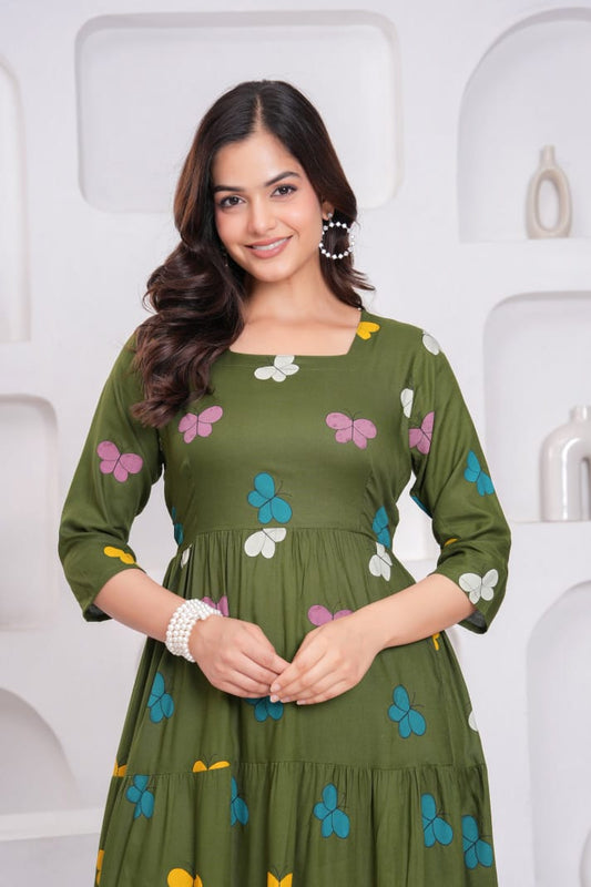 Olive Butterfly Print Rayon Anarkali Gown