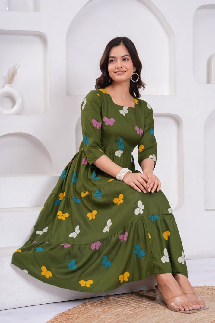 Olive Butterfly Print Rayon Anarkali Gown