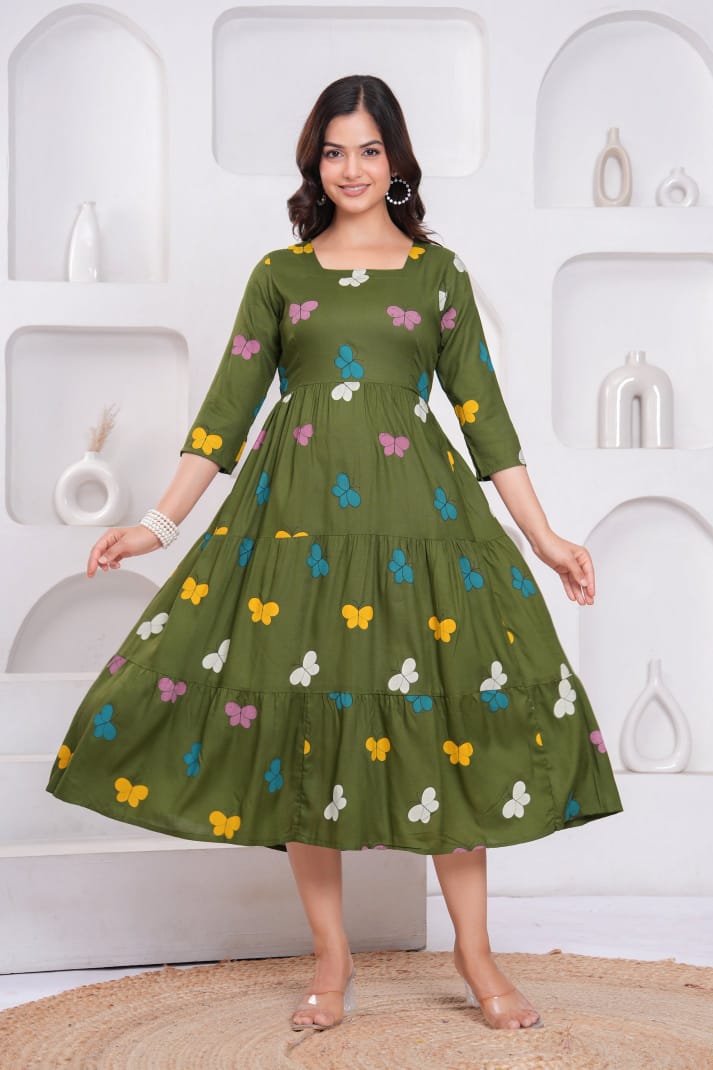 Olive Butterfly Print Rayon Anarkali Gown