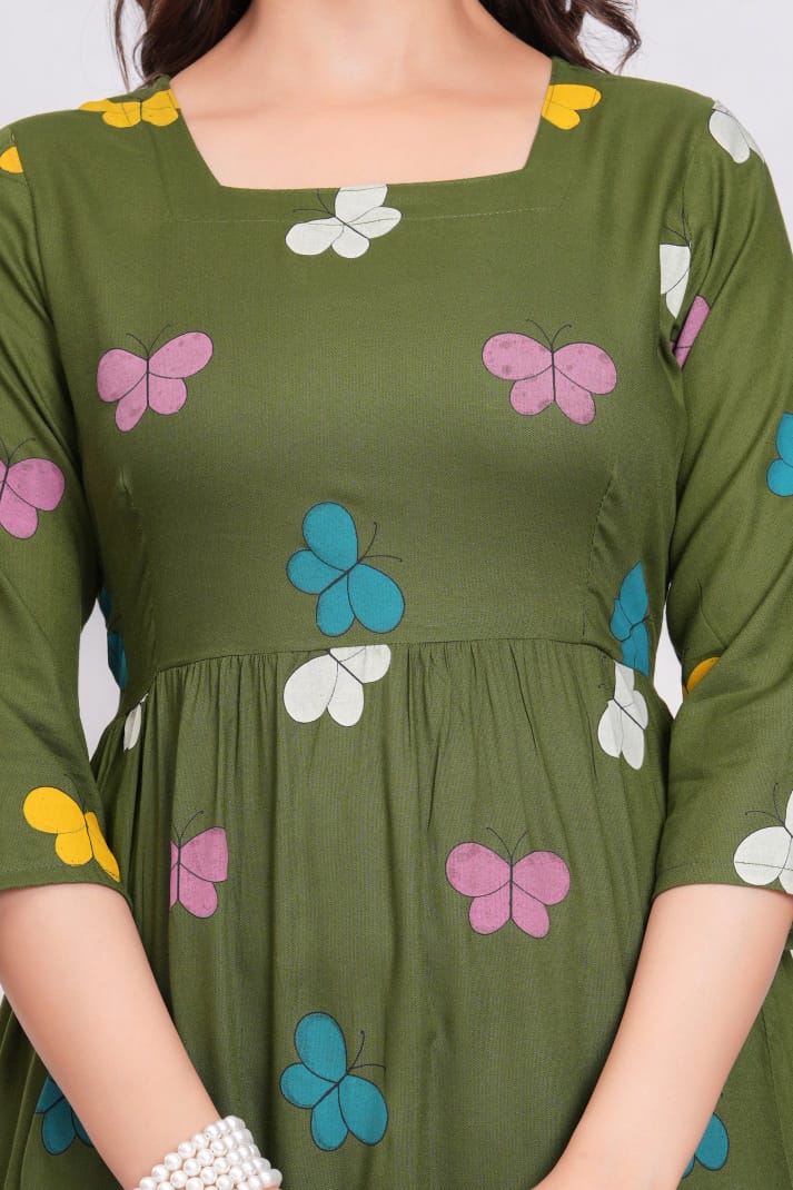 Olive Butterfly Print Rayon Anarkali Gown