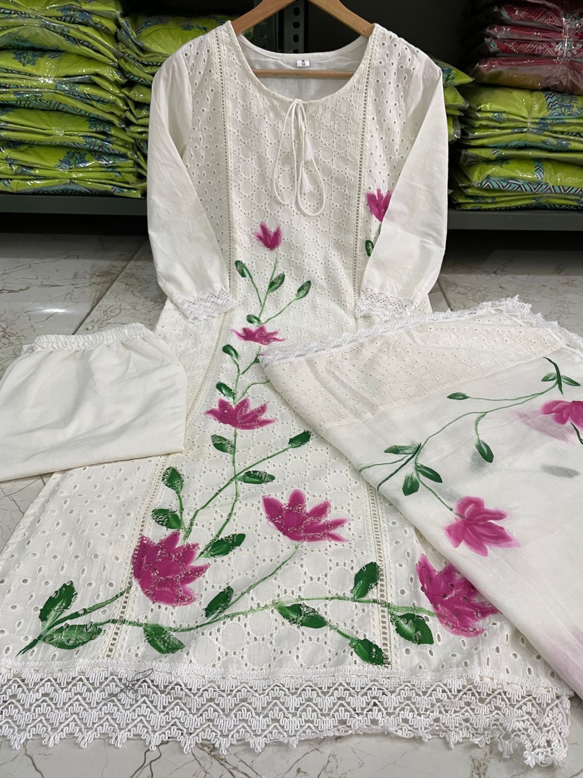 Ira Ivory Garden Hand-Painted Chikankari Cotton Suit Set