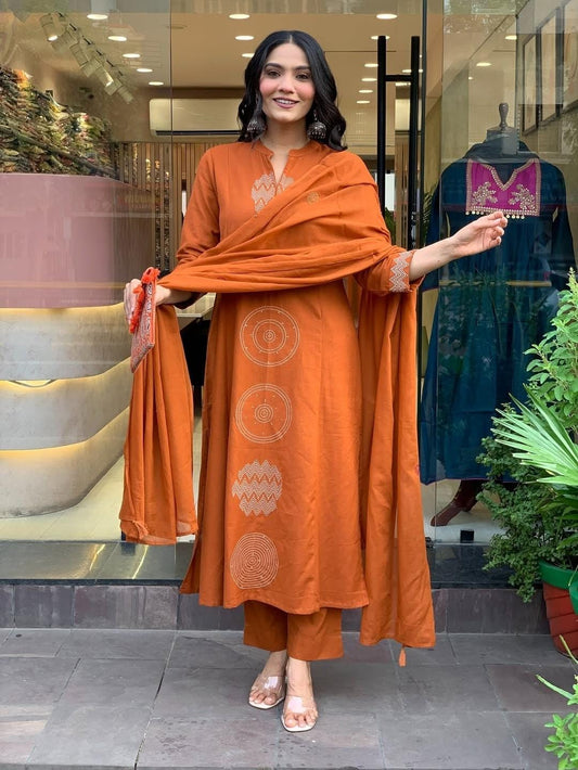 Terracotta Cotton Suit with Circular Embroidery