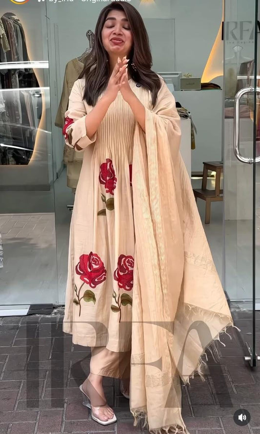 Premium Cotton Kurti Set with Rose Embroidery