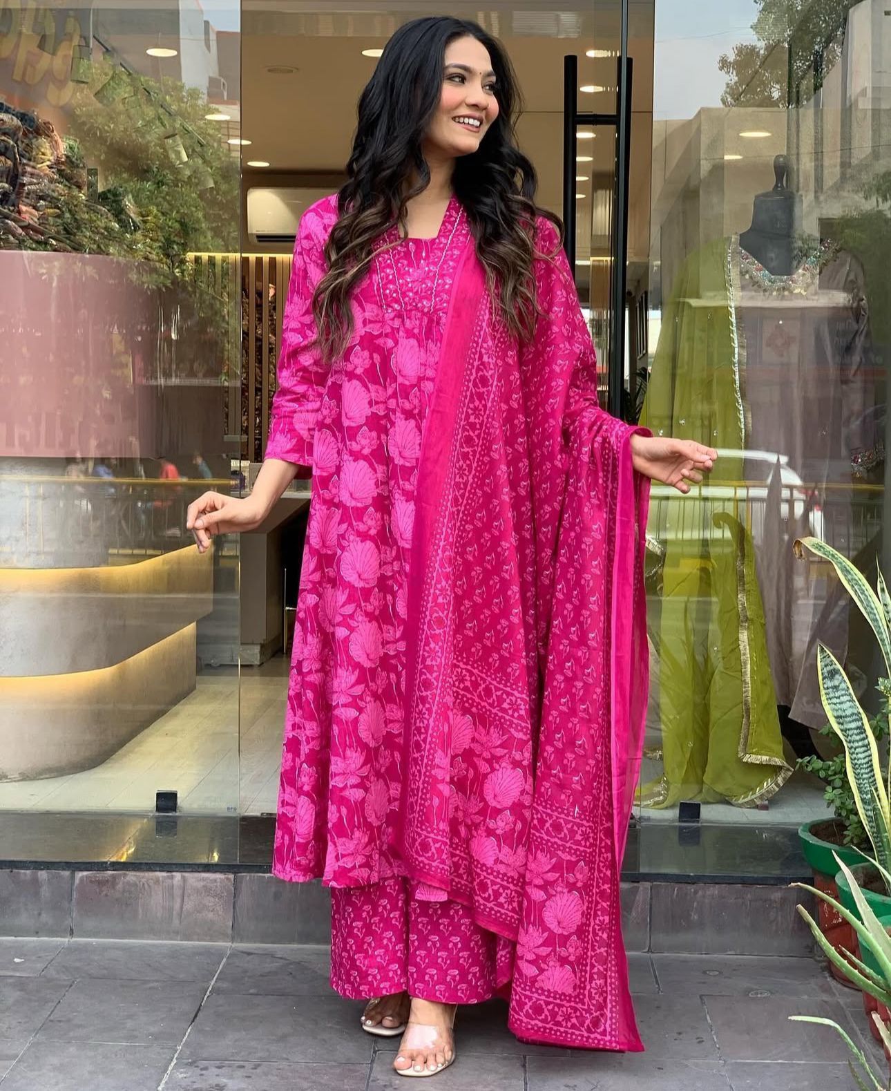 Pink Floral Anarkali Cotton Suit Set