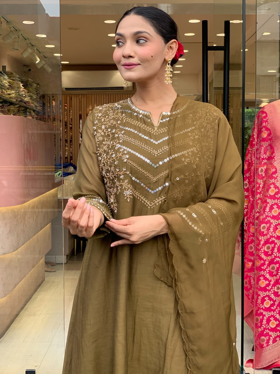 Zehra Olive Chanderi Elegance Suit Set