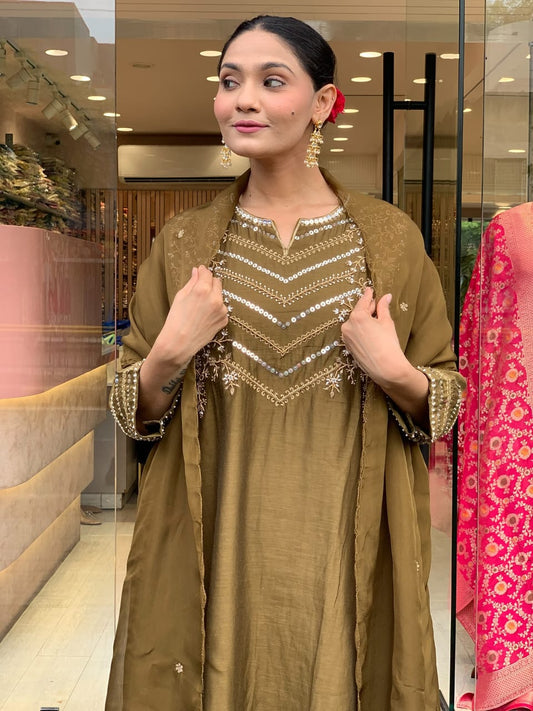 Zehra Olive Chanderi Elegance Suit Set
