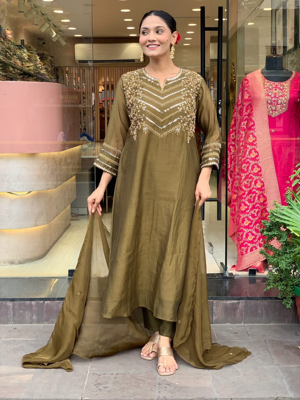 Zehra Olive Chanderi Elegance Suit Set