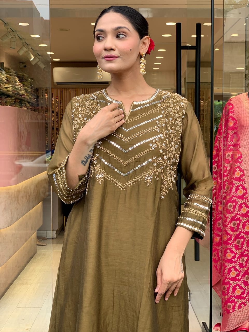 Zehra Olive Chanderi Elegance Suit Set
