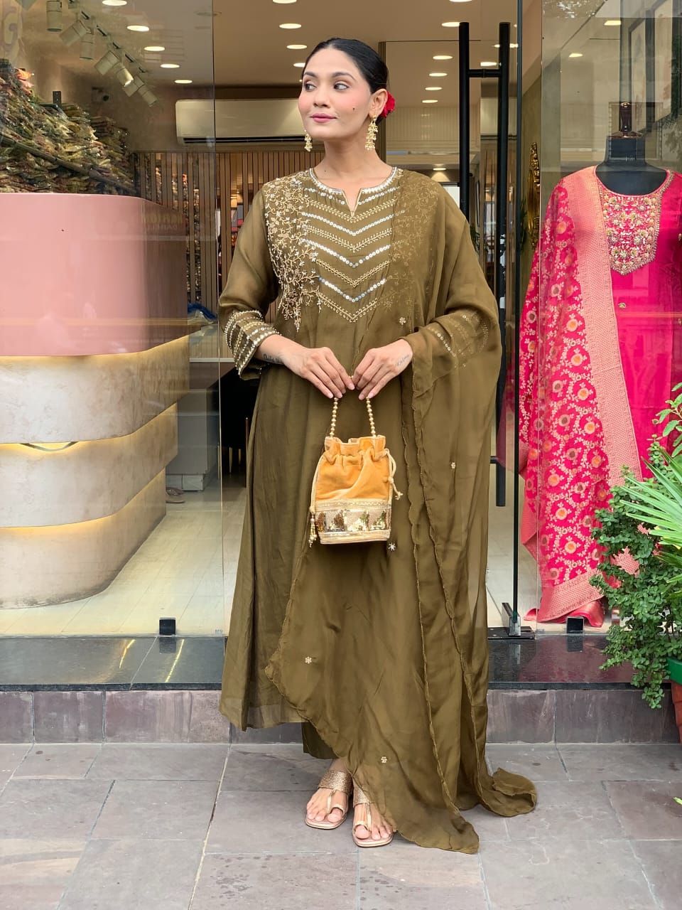 Zehra Olive Chanderi Elegance Suit Set