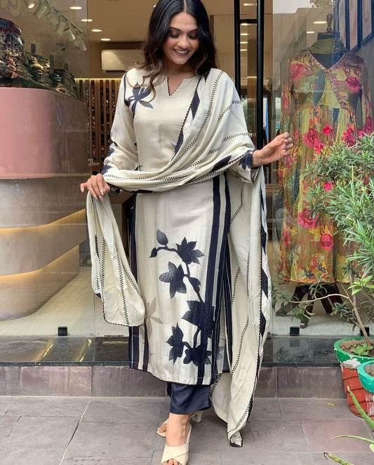 Pure Muslin Suit with Floral and Stripe Print