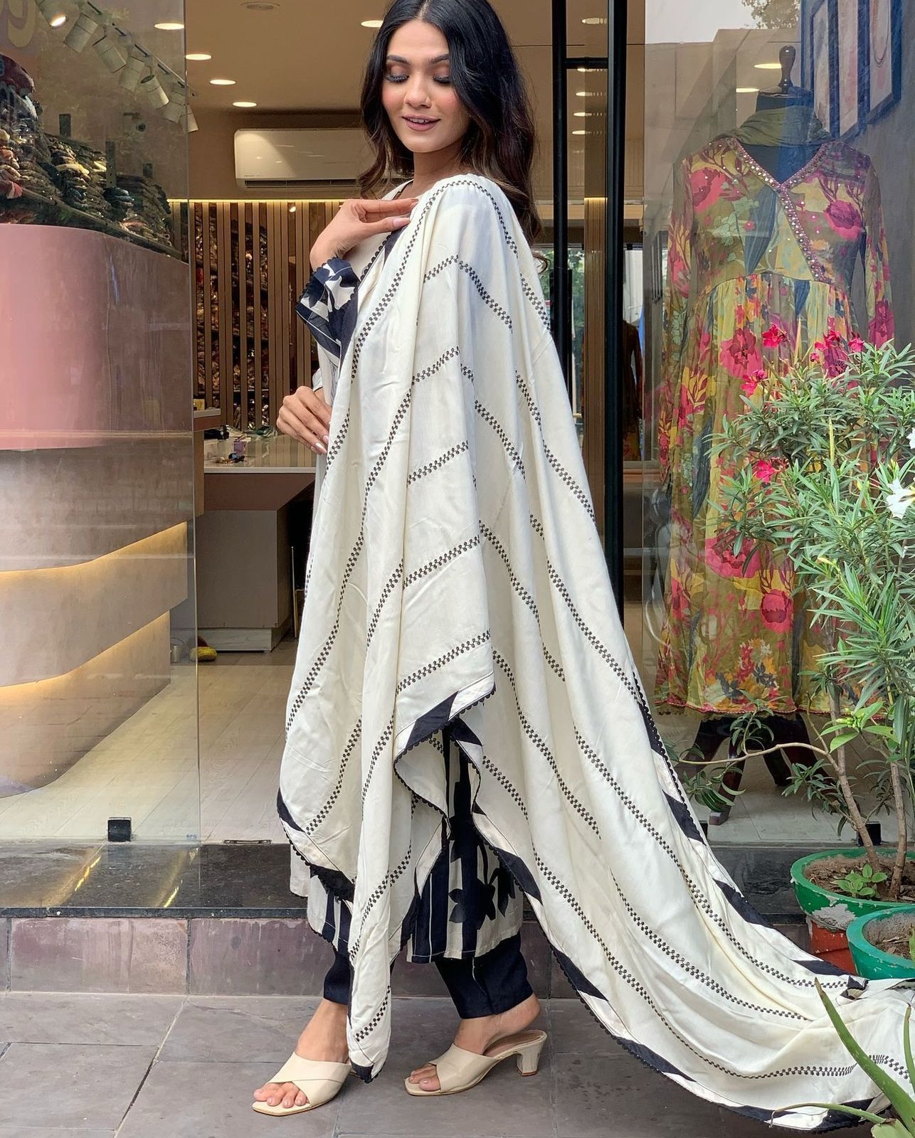Pure Muslin Suit with Floral and Stripe Print