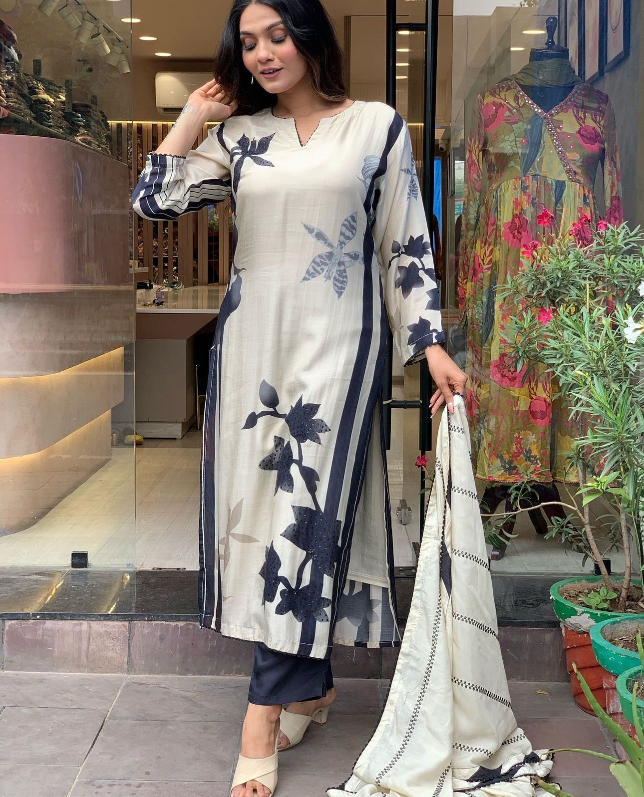 Pure Muslin Suit with Floral and Stripe Print