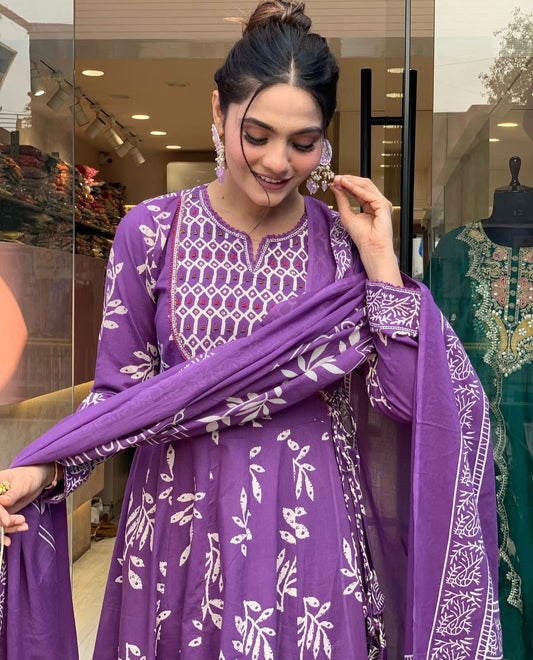Purple Weaving and Print Anarkali Suit