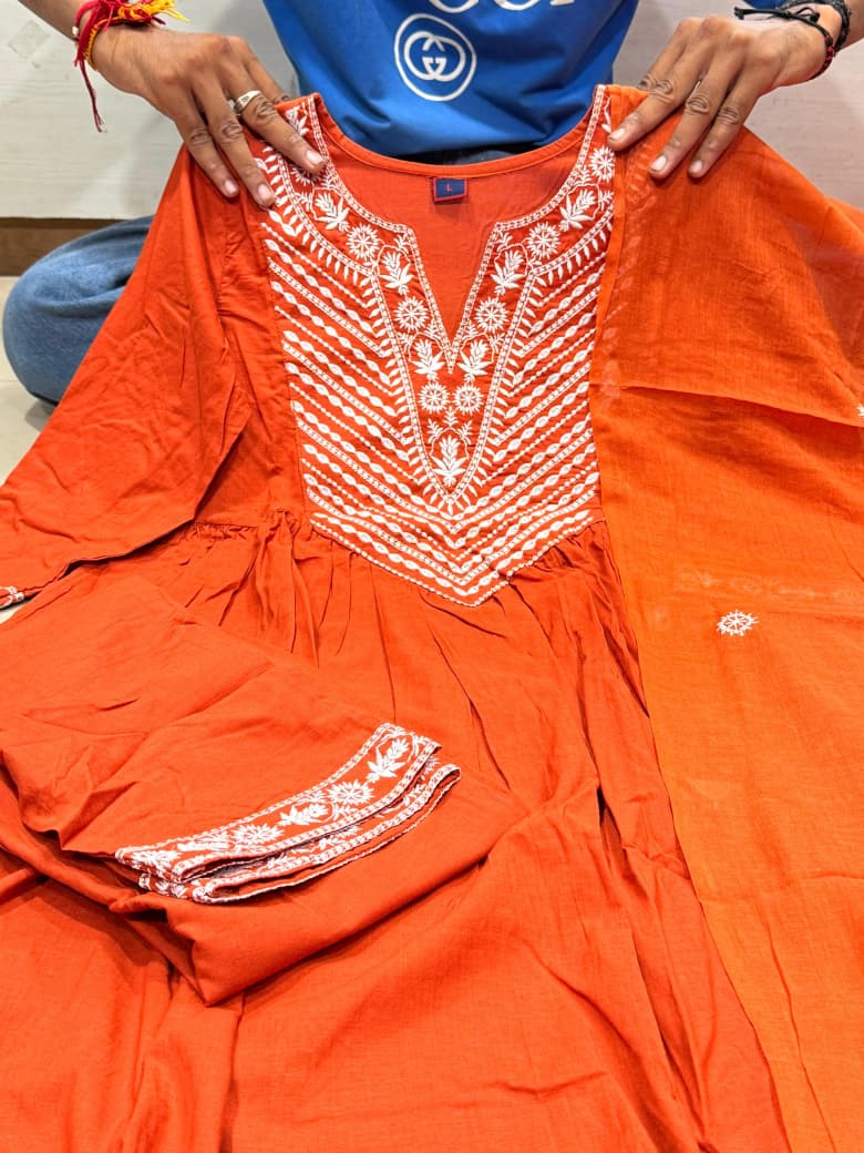 Rust Glow Hand-Embroidered Cotton Anarkali Set