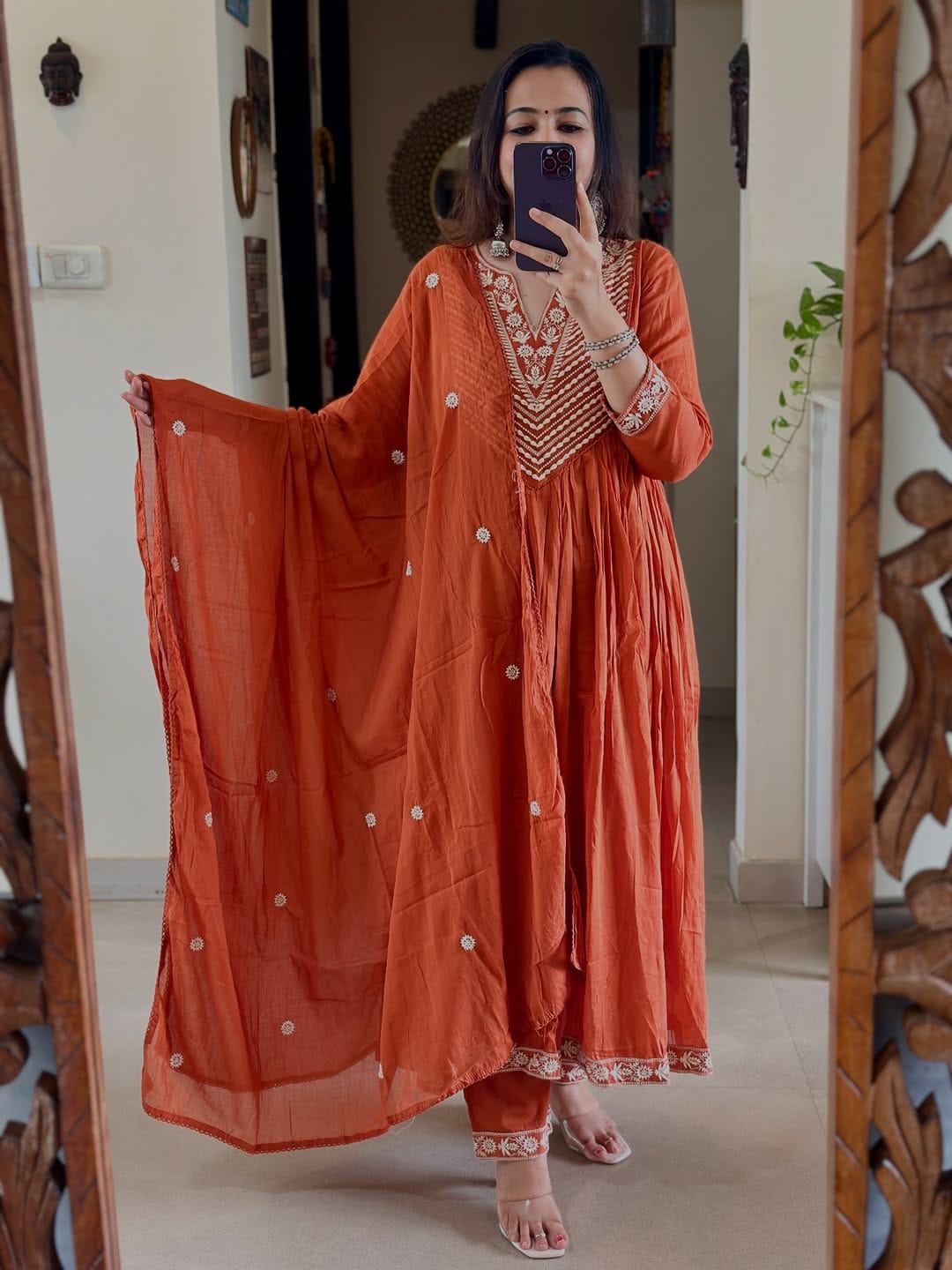 Rust Glow Hand-Embroidered Cotton Anarkali Set