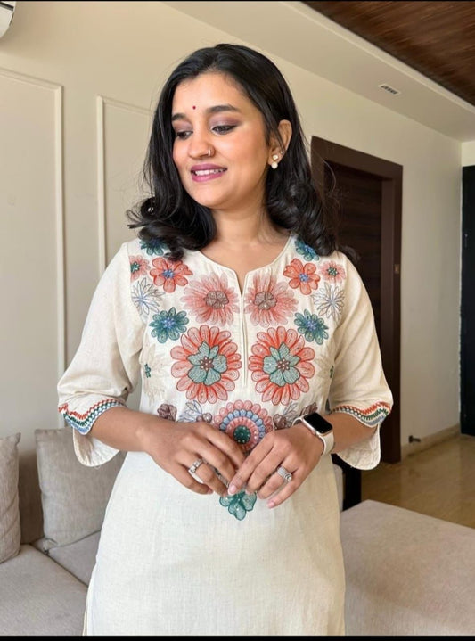 Ivory Bloom Cotton Flex Embroidered Kurta Set