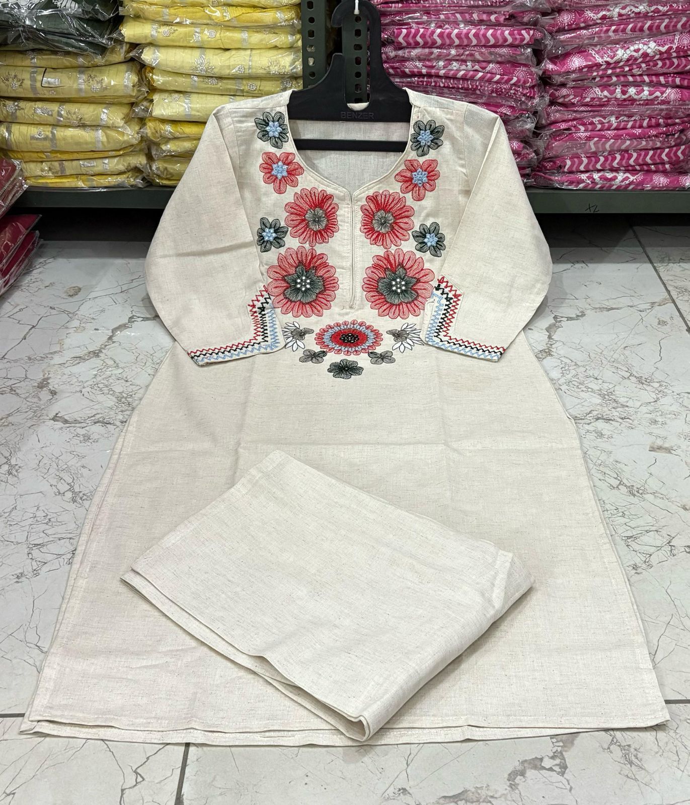 Ivory Bloom Cotton Flex Embroidered Kurta Set