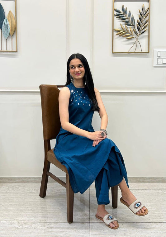 Teal Mirror Glow Cotton Slub Suit Set