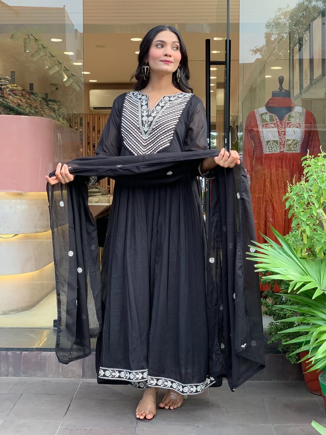 Noir Elegance Embroidered Cotton Anarkali Set