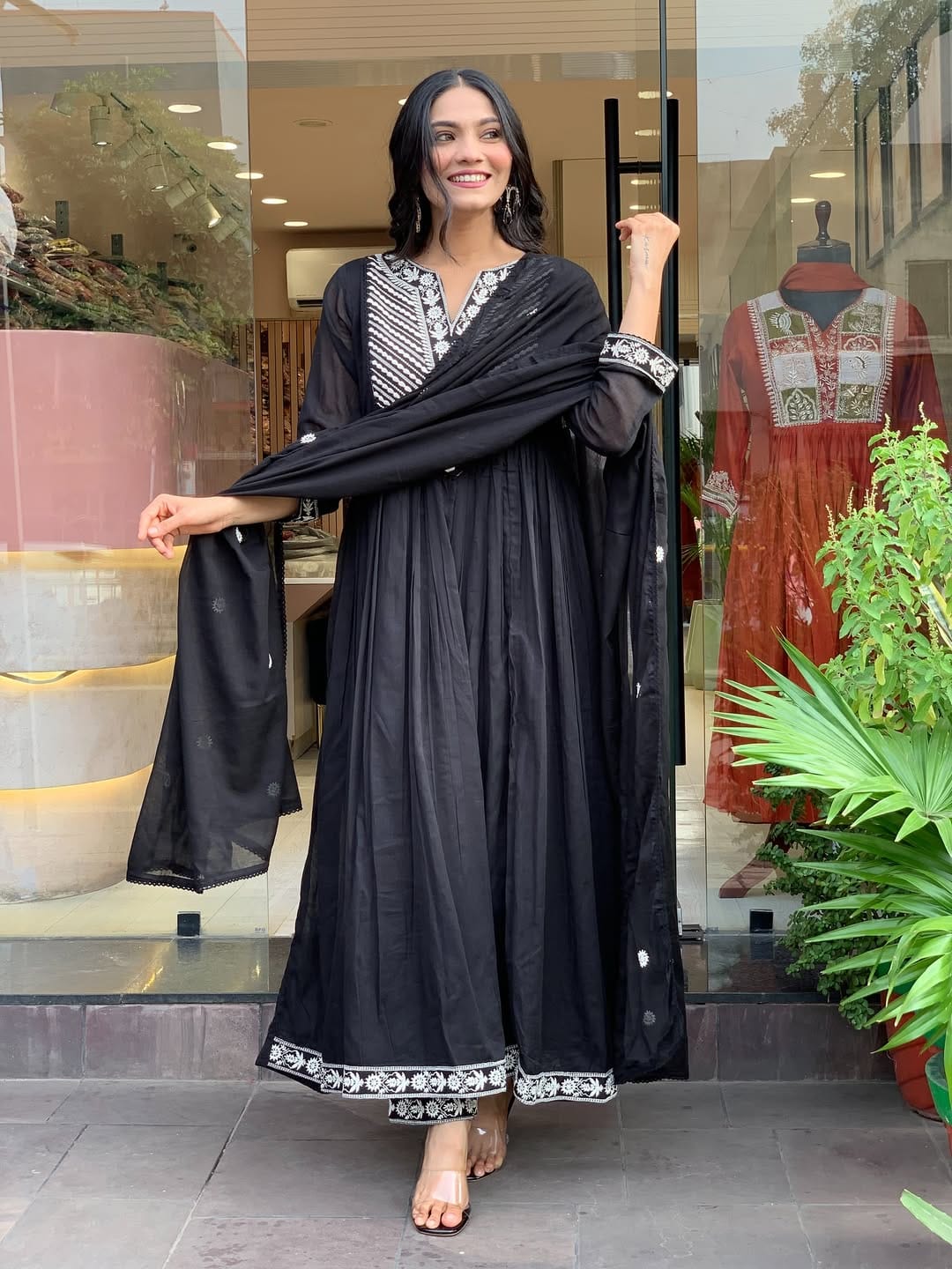 Noir Elegance Embroidered Cotton Anarkali Set
