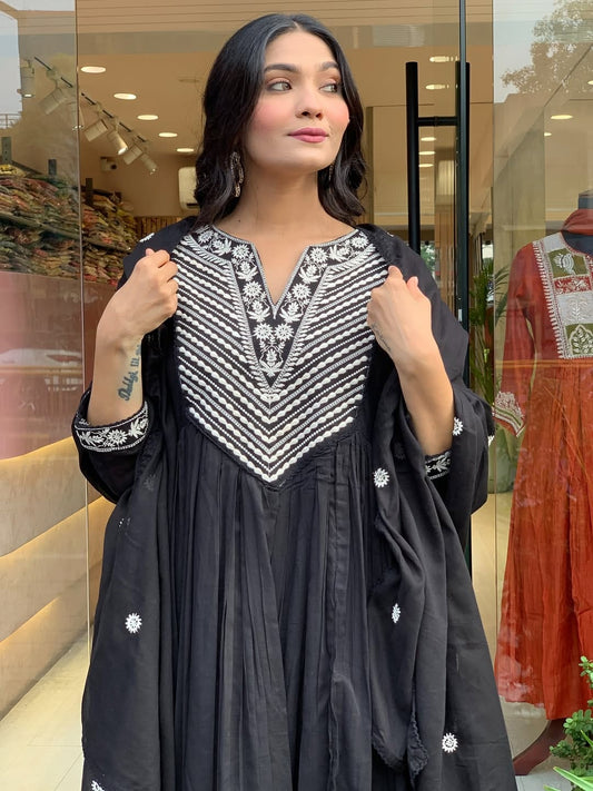 Noir Elegance Embroidered Cotton Anarkali Set