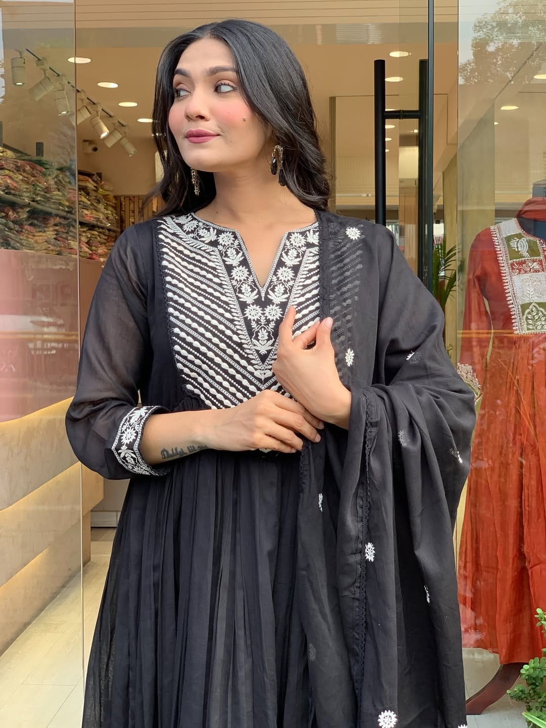 Noir Elegance Embroidered Cotton Anarkali Set